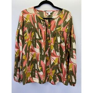Nine West Medium Abstract Print Tie Neck Boho Blouse Earth‎ Tone Long Sleeve